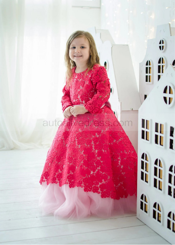 Long Sleeves Red Lace Pink Tulle Adorable Flower Girl Dress Long Sleeves Red Lace Pink Tulle Adorable Flower Girl Dress